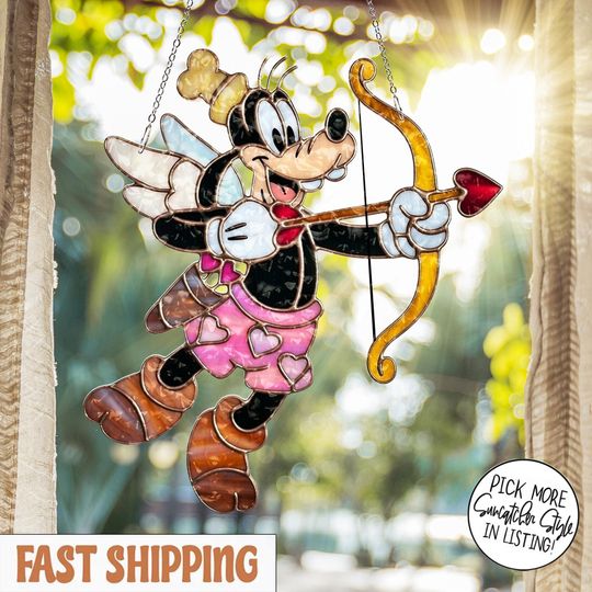Goofy Cupid Valentine Suncatcher, Cartoon Window Hanging, Love Heart Tiffany Stained Glass, Disney Home Decor