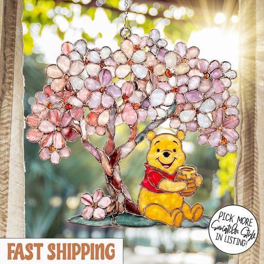 Discover Winnie the Pooh Cheery Blossom Faux Stained Glass Suncatcher Disney Bear Window Hanging Spring Garden Decor
