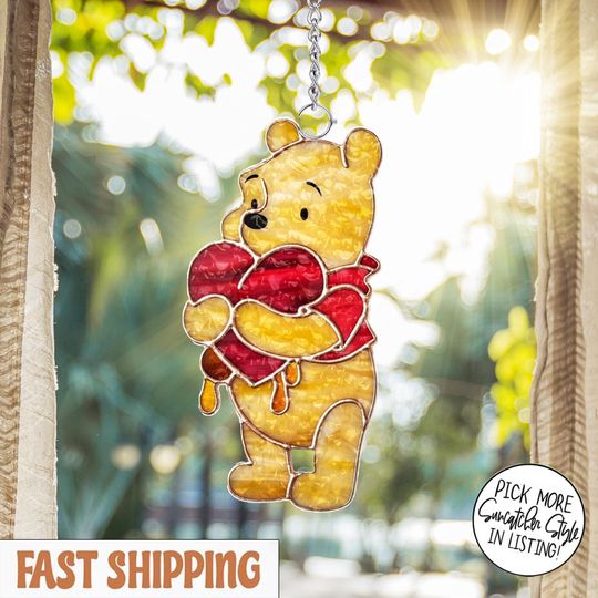 Winnie the Pooh Heart Valentine Suncatcher, Tiffany Style Stained Glass, Romantic Disney Window Hanging