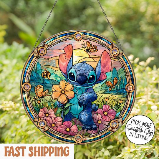 Stitch Stained Glass Suncatcher Disney Window Decor Lilo and Stitch Wildflower Ornament
