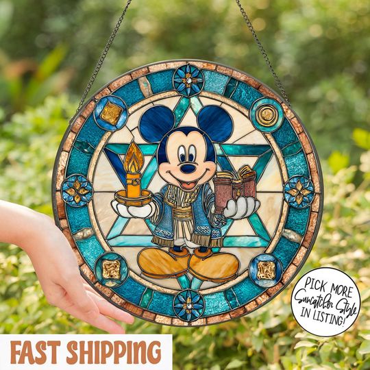 Discover Mickey Hanukkah Stained Glass Suncatcher, Disney Window Decoration, Star of David Hanging, Jewish Holiday Ornament