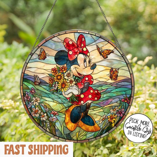 Disney Minnie Mouse Floral Stained Glass Suncatcher for Windows and Holiday Decor