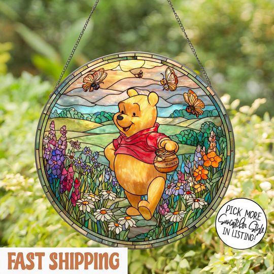 Winnie the Pooh Stained Glass Suncatcher with Honey Pot Tiffany Style Window Panel, Disney Bear Nursery Decor