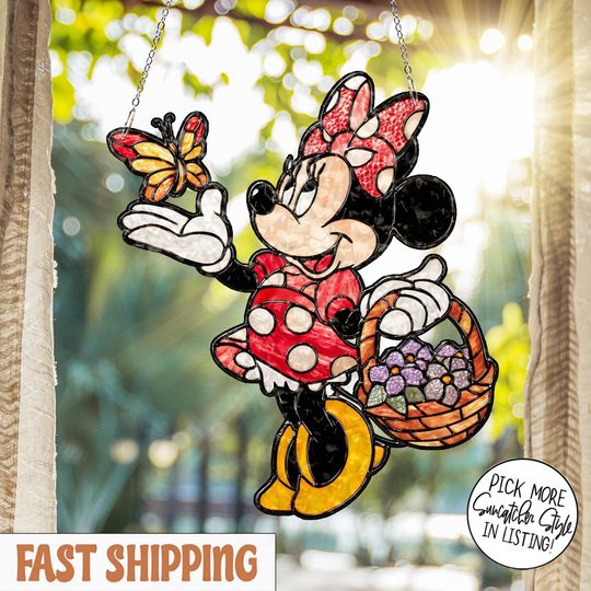 Floral Minnie Suncatcher, Disney Faux Stained Glass Window Hanging, Spring Garden Decor for Mom