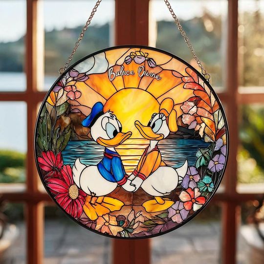 Personalized Disney Couple Sunset Window Suncatcher - Custom Donald and Daisy Romantic Decor