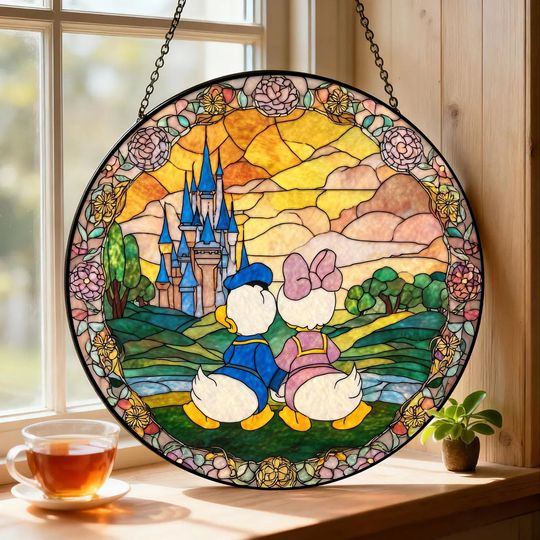 Discover Disney Couple Romantic Sunset Window Suncatcher, Donald & Daisy Valentine's Glass Hanging Decor