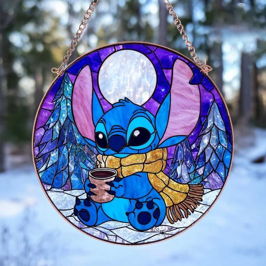 Winter Stitch Stained Suncatcher, Disney Stitch Ornament, Cute Stitch Fan Decor