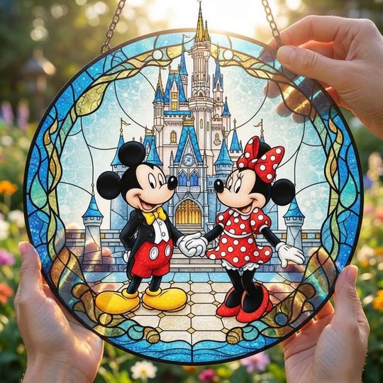 Mickey Mouse Stained Glass Suncatcher, Custom Couple Name Disney Gift, Anniversary Decor
