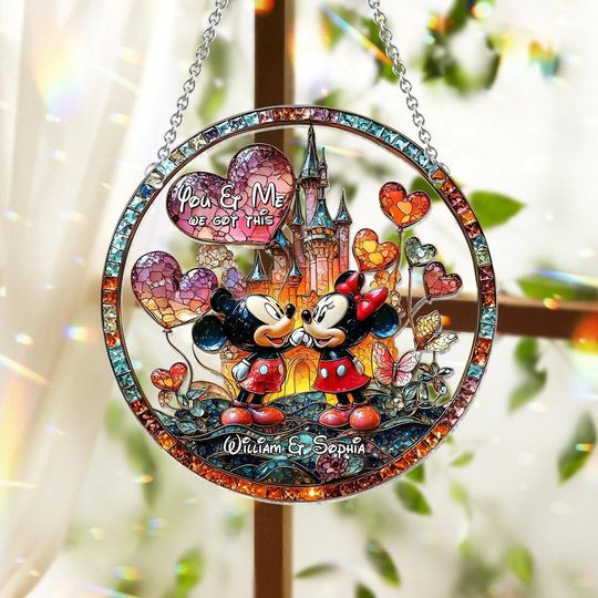 Mickey and Minnie Stained Glass Suncatcher, Personalized Disney Couple Window Decor, Wedding or Anniversary Gift