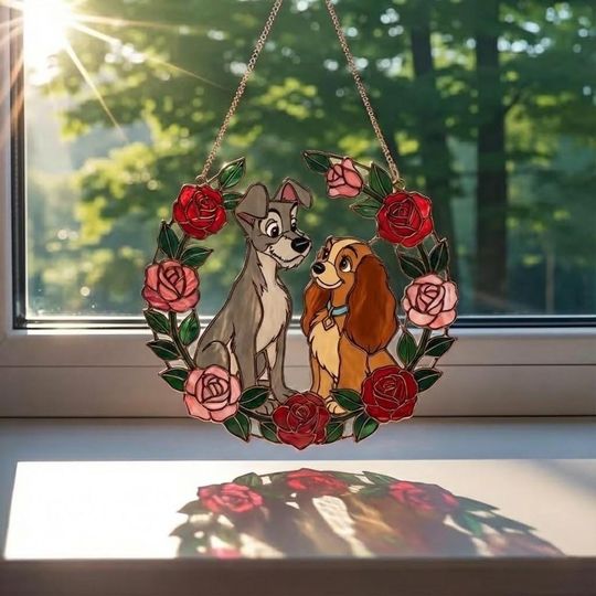 Lady and the Tramp Acrylic Suncatcher Window Hanging, Disney Dog Couple Decor, Romantic Rose Sun Catcher Gift