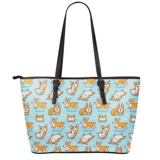 Discover Corgi Print Leather Tote Bag for Dog Lovers