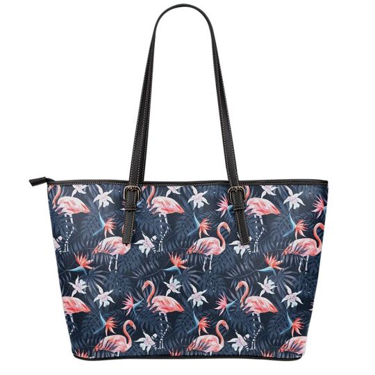 Flamingo Print Leather Tote Bag with Tropical Zipper Closure