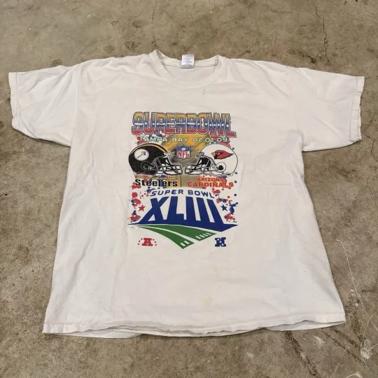 Discover Vintage Super Bowl XLIII 2009 T-Shirt Steeler vs Cardinals football XL *STAINS*