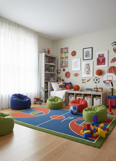 Discover Handmade Wool Basketball Court Rug | Sports Theme Kids Playroom Carpet 8x10 rug