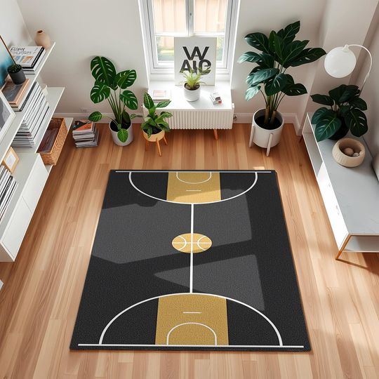 Discover Basketball Court Rug: Black & Gold Sports Carpet for Teen Room