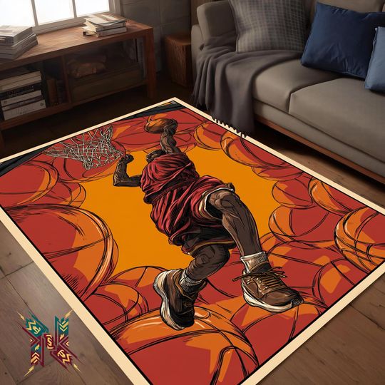 Discover Basketball Art Area Rug Orange Sports Living Room Floor Carpet
