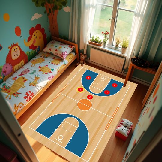 Discover Basketball Rug,Brown Yellow Court Rug,Kid Room Rug,Game Room Rug,Basketball Shooting Area Rug,Sport Rug,Basketball Court Rug,Washable Carpet