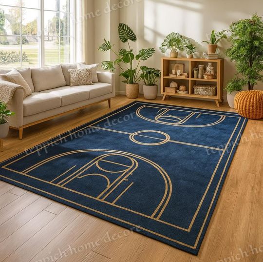 Discover Basketball Court Rug Navy Blue  Modern Sports Area Rug for Teen Bedroom
