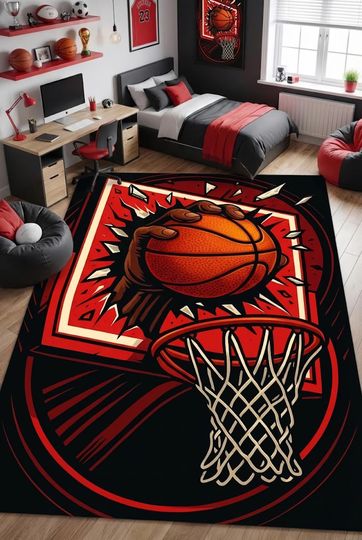 Discover Basketball Area Rug, Slam Dunk Design, Teen Boy Room Decor
