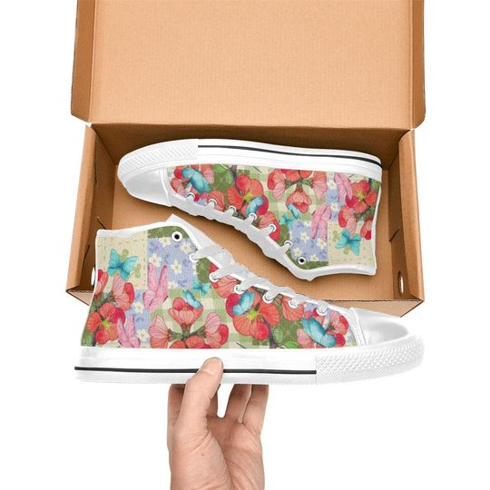 Discover Flower And Butterfly High Top Sneakers Canvas  Custom Made