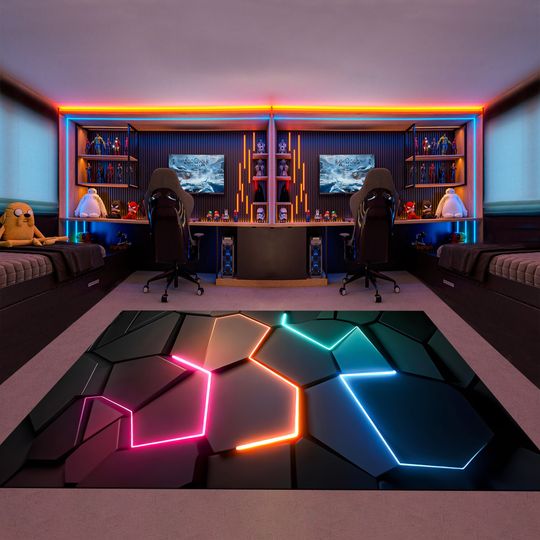 Discover Gamer Rug,Gaming Rug,Game Rug,Geometric Rug,Colorful Rug,Play Room Rug,Neon Decor,Custom Rug,Neon Look Rug,E-Sport Rug,Area Rug,Gaming Gifts