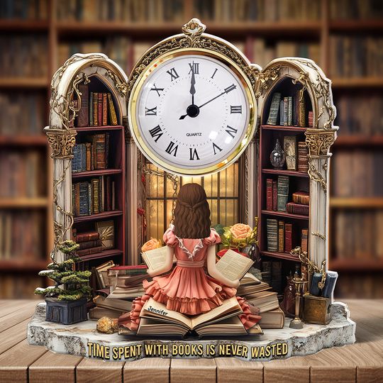 Girl Holding Books Desk Clock Plaque Personalized Gifts for Book Lovers