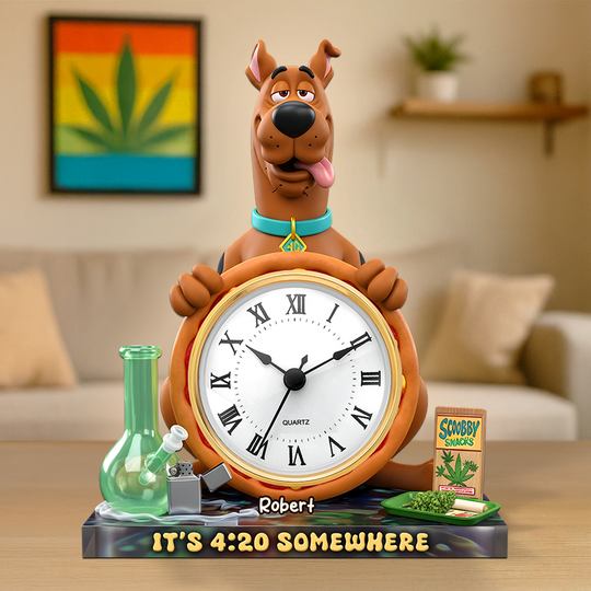 A Playful Pup Desk Clock Plaque - Personalized Gift For Weed Lovers