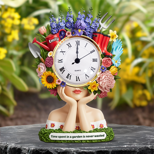 Flower Head Girl Desk Clock Plaque - Personalized Gifts For Gardening Lover