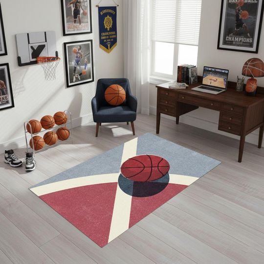 Discover Pro Basketball Court Rug  Slam Dunk Orange Floor Mat for Game Rooms, Sports Themed Carpet for Kids Bedrooms & Fan Caves