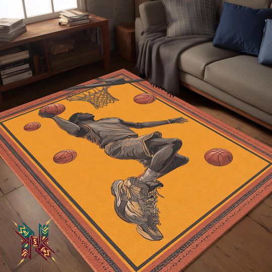 Discover Basketball Kids Area Rug Orange Playroom Floor Carpet Sports Room Decor