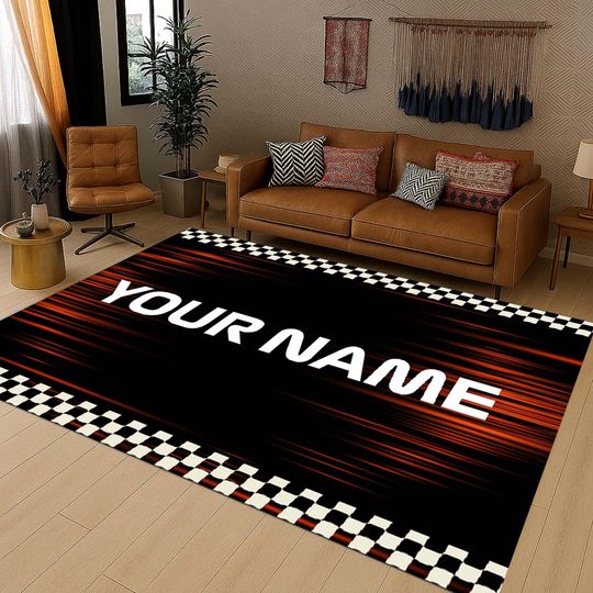 Discover Racing Name Rug, Custom Speed Mat, Boys Room Rug, Checkered Flag Rug, Sports Theme Carpet, Track Day Gift,Fast Car Area Rug,Kids Racing Room