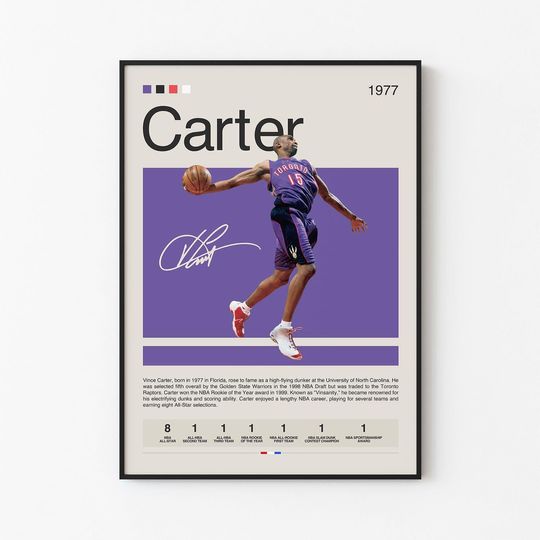 Discover Vince Carter Poster Unframed, NBA Dunk Legend Wall Art, Iconic Basketball Flying V Decor for Fans