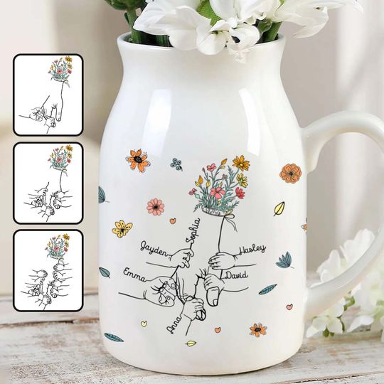 Discover Holding Mom's Hand - Personalized Mother Ceramic Flower Vase