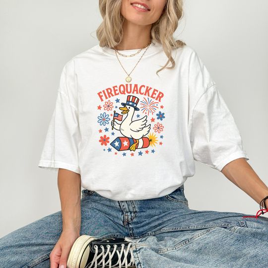 Funny July 4th Goose Shirt, Firequacker Patriotic T-Shirt, Independence Day Tee, USA Tee, Fourth of July Gift American Flag