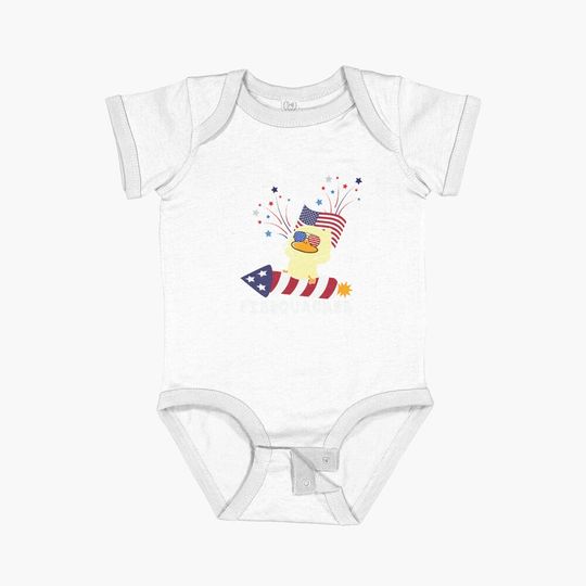 Firequacker Fourth of July Duck with Fireworks and Flag Baby One-Piece