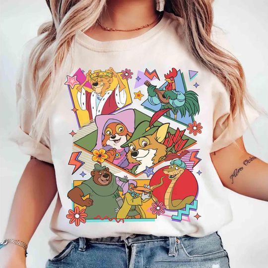 Discover Vintage Robin Hood Characters Group Retro 90s T-shirt, Disney Sir Hiss Marian John Tee, WDW Magic Kingdom Disneyland Holiday Family Gift