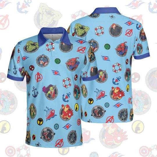 Discover Marvel Day At Sea Iron Man Captain America Hulk Light Blue Polo Shirt, Disney Pixar Characters Group Polo Shirt, Disney Trip 2026 Mens Tee