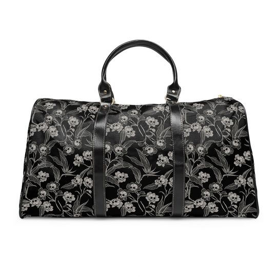Gothic Floral Travel Bag - Waterproof & Stylish w/ Black Spooky Skull Flower print, Perfect for Witchy Dark Cottagecore Overnight Adventures