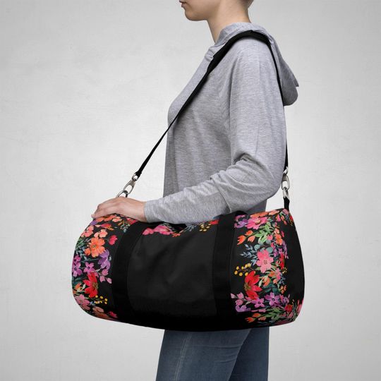 Discover Wildflower Field on Black Duffel Bag, Large Carry Bag for Mah Jongg or Pickleball Gear, Gift for Game Players Hosts and Teachers