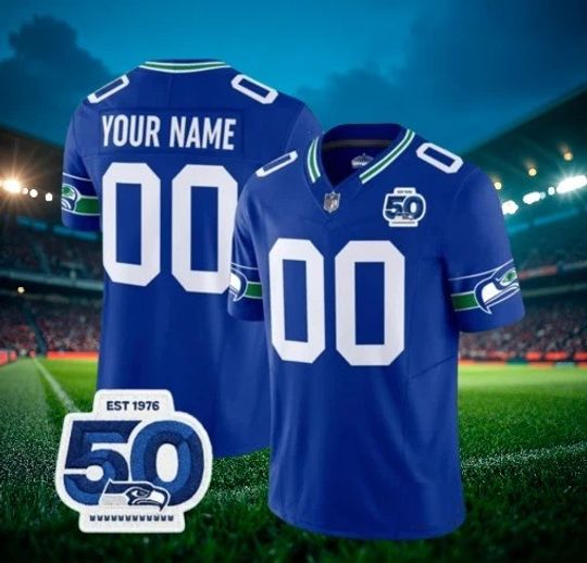 Custom Seahawks Royal 50th Season Throwback Jersey