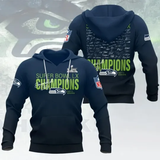 Discover Seahawks 2025 SB LX Champions 3D Apparel Hoodie