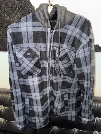 Discover Distortion Mens Medium Hooded Jacket Faux Fur Sherpa Fleece Lined Flannel Black