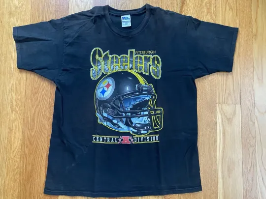 Discover Vintage 90s football Pittsburgh Steeler Helmet Graphic T Shirt Mens Size XL Black