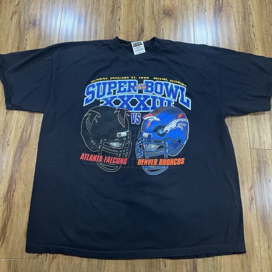 Discover Vintage 1999 Tultex Super Bowl XXXIII T-shirt Broncos Falcons Elway XXL 2XL football
