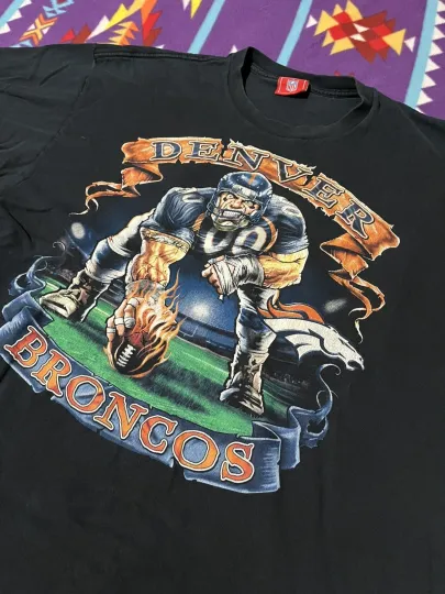 Vintage 90s Denver Broncos Football football Graphic Print Flames Cartoon T-Shirt