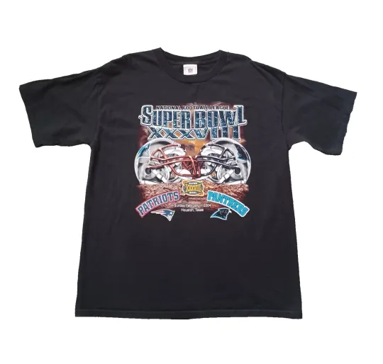 Discover Vtg football Super Bowl XXXVIII Patriots VS Panthers Mens T Shirt Large Black Graphic