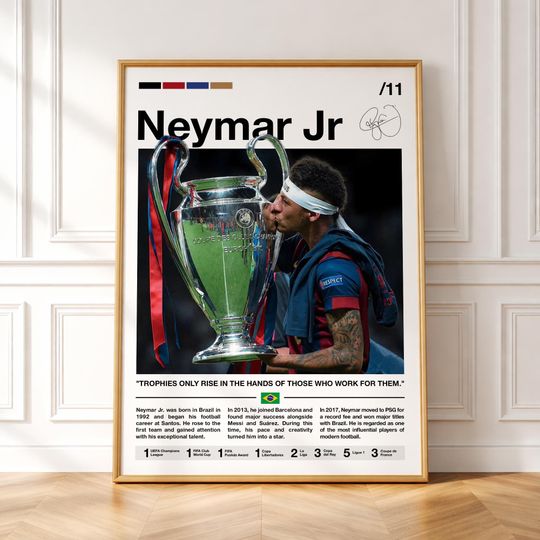 Neymar Jr Poster, Framed Football Print, World Cup Soccer Decor, Football Star Poster, Neymar Wall Art, Sports Room Decor, Barcelona Poster