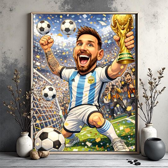 Discover Leonel Messi Wall Art Printable, Football Trophy Victory Illustration, World Cup Inspired Poster, Sports Celebration Art, Digital Download