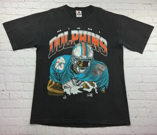Discover RARE! Vintage 90s football Miami Dolphins Front and Back Big Print Riddell T Shirt XL