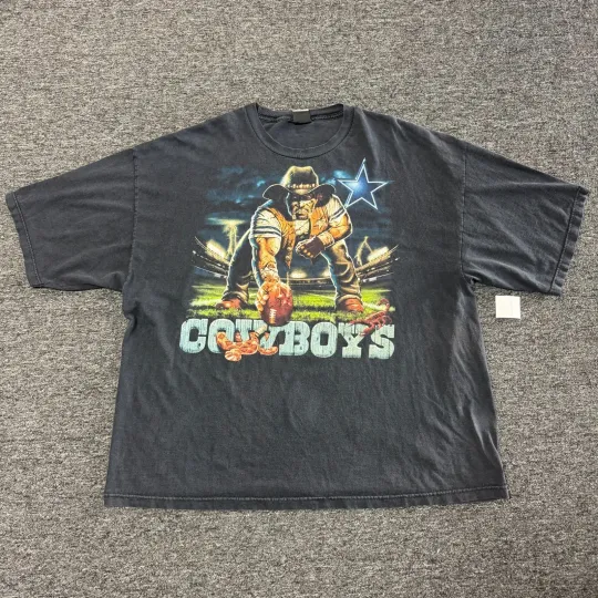 Discover Vintage 90s Dallas Cowboys football Liquid Blue Football T-Shirt 2XL Faded Black
